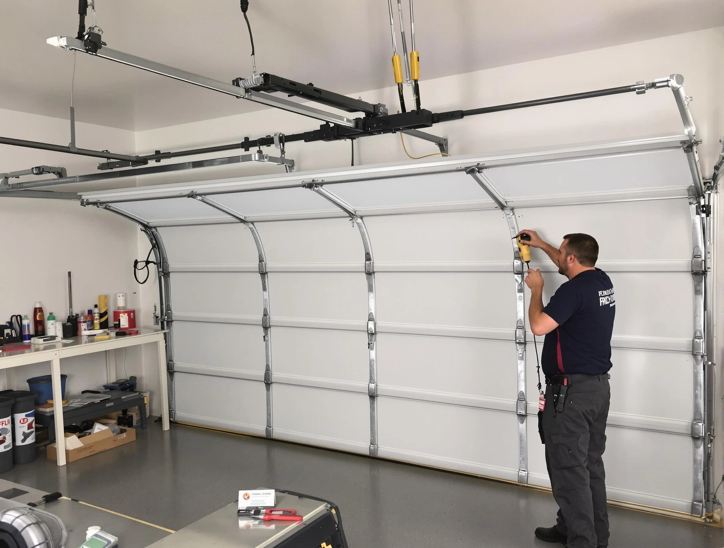Fayetteville Garage Door Repair certified technician performing overhead door system repair in Fayetteville