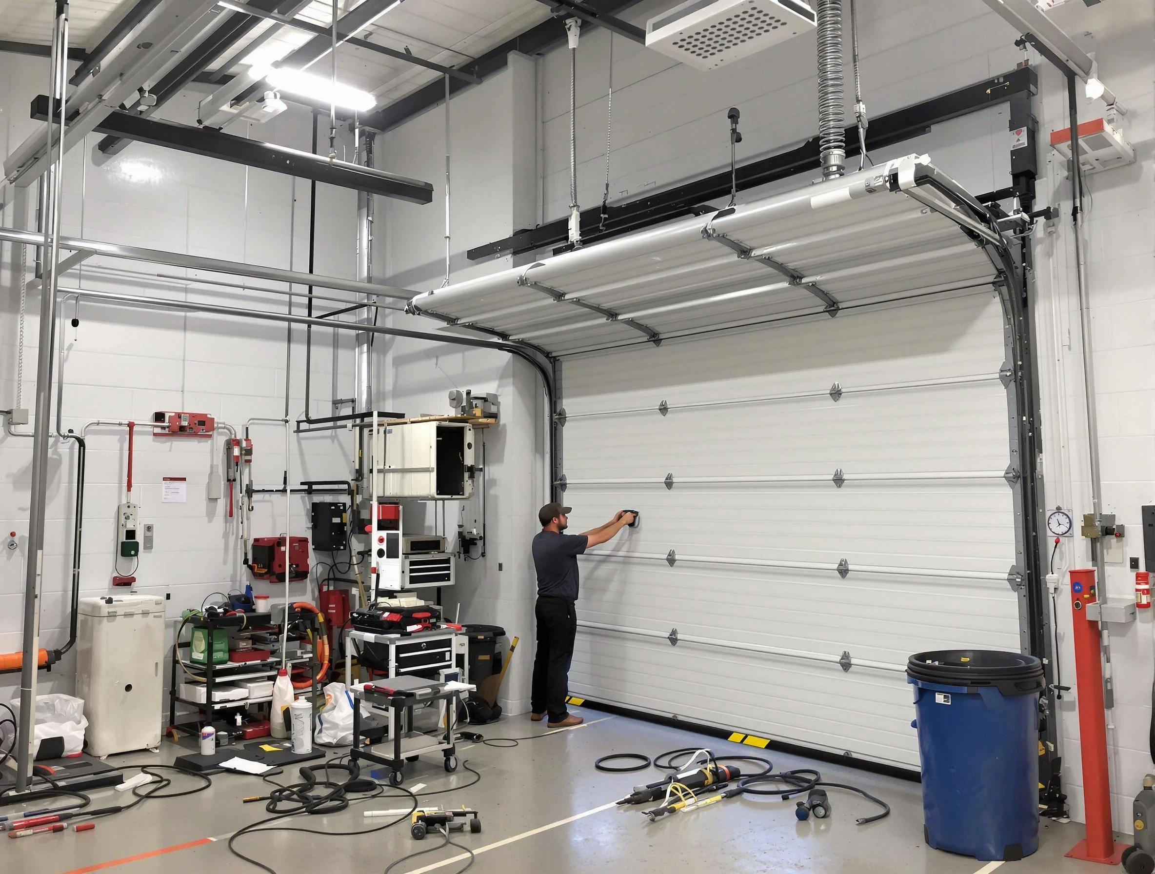 Fayetteville Garage Door Repair certified technician performing commercial door repair at a Fayetteville business facility