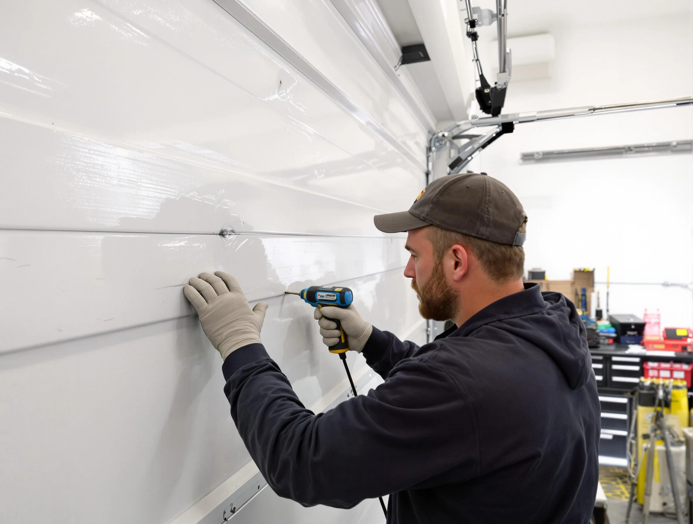 Fayetteville Garage Door Repair technician demonstrating precision dent removal techniques on a Fayetteville garage door