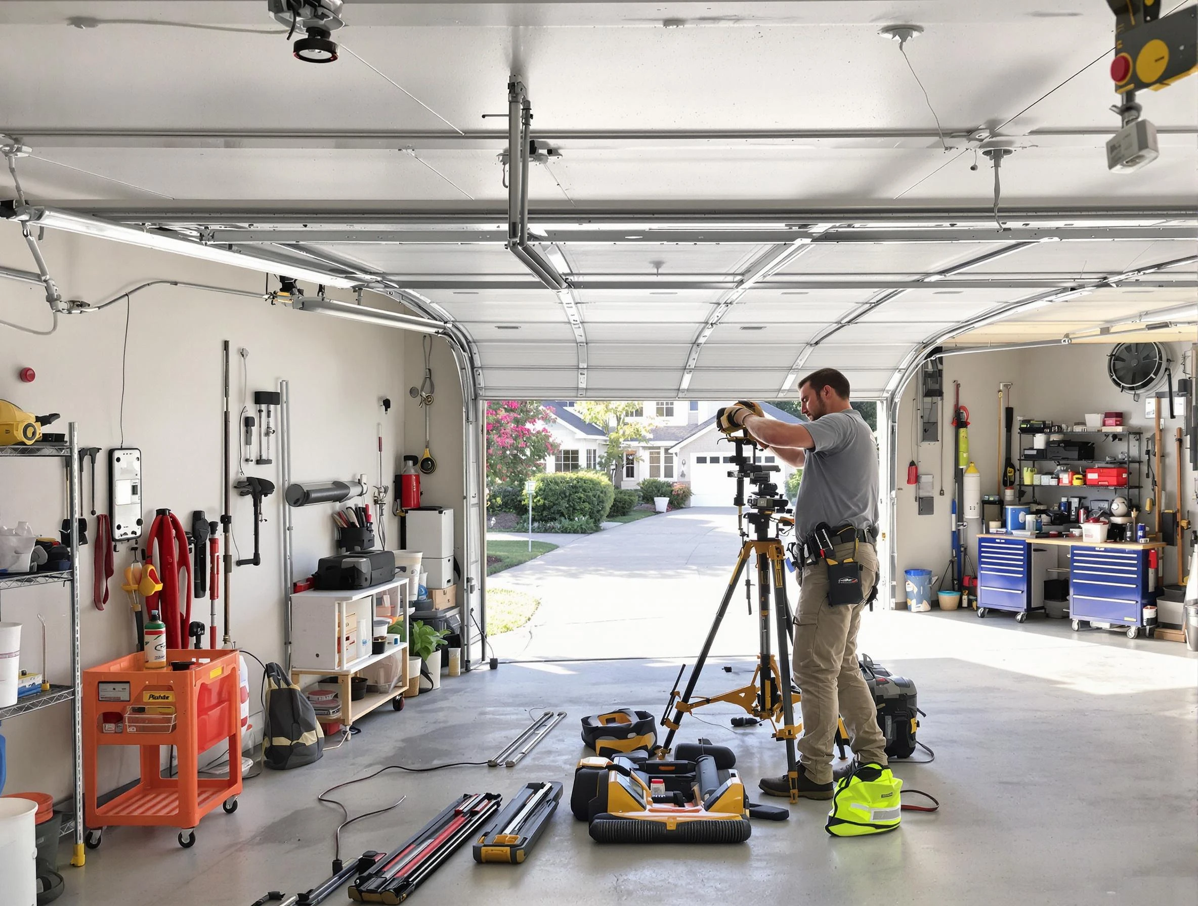Fayetteville Garage Door Repair specialist performing laser-guided track alignment in Fayetteville